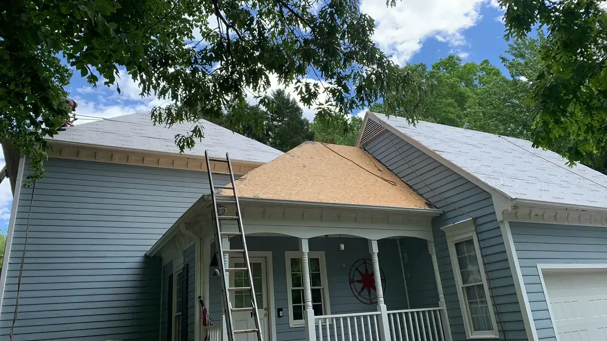 Roof stripped back with new plywood decking and underlayment in place before shingles go down